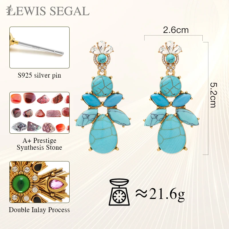 LEWIS SEGAL Luxury Medieval Style Fine Jewelry Vintage Multi-Size Blue Turquoise Earring for Women Girl 18K Gold Plated