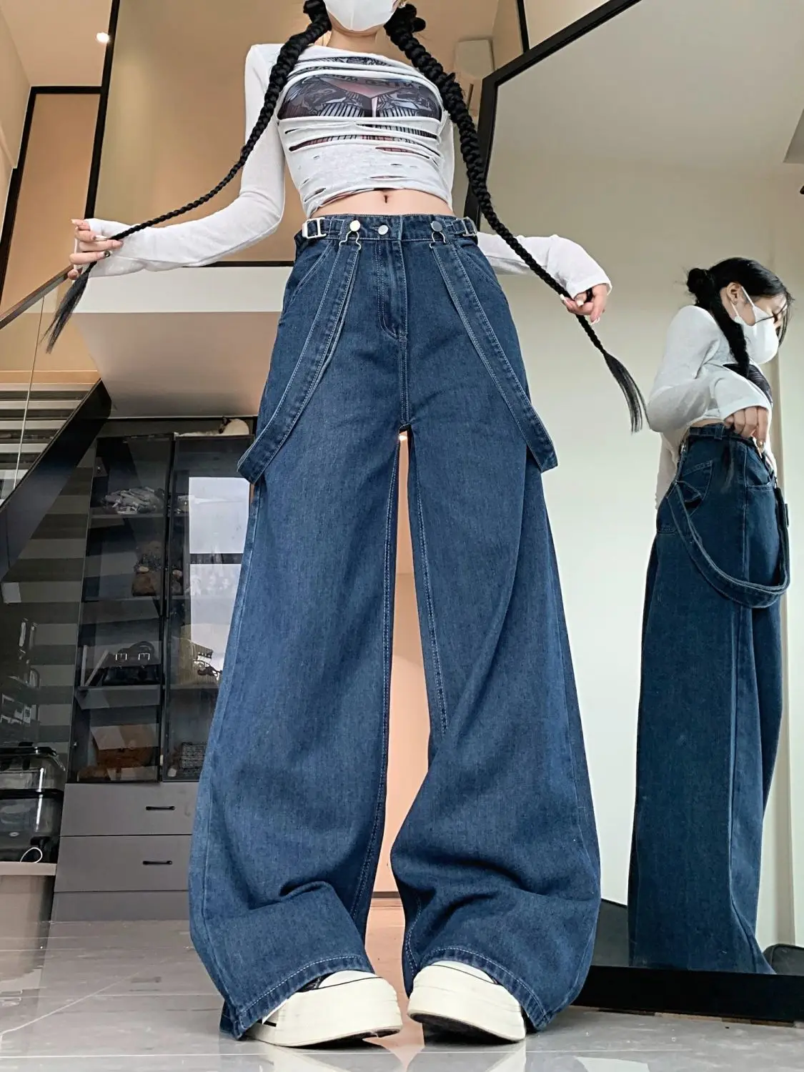 

Женские дизайнерские джинсы со съемными бретелями, весенне-осенние брюки, повседневные штаны для девочек, женские мешковатые синие джинсовые брюки