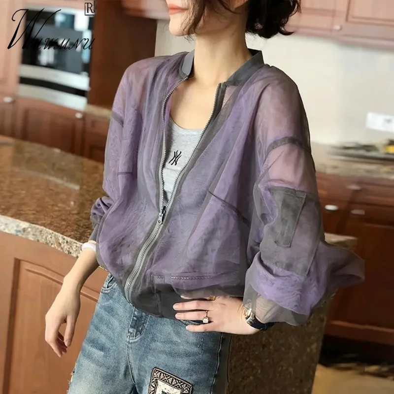 

Summer Baseball Gauze Cropped Jacket Women Korean Fashion Lightweight Sun Protection Outerwear Long Sleeve Tops Casual Chaquetas