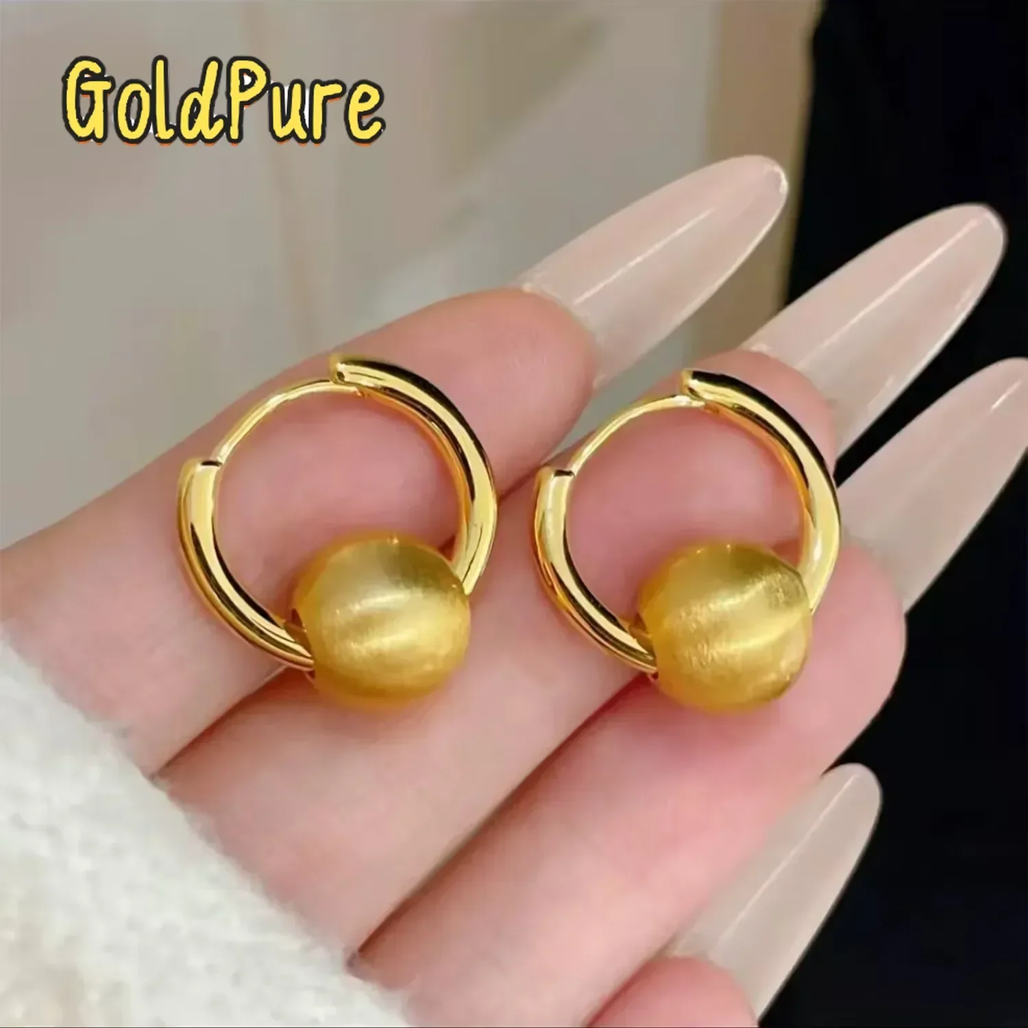 

Goldpure Luxury 24K 9999 Pure Gold real gold Women's brushed small gold ball earrings exquisite high-grade earrings