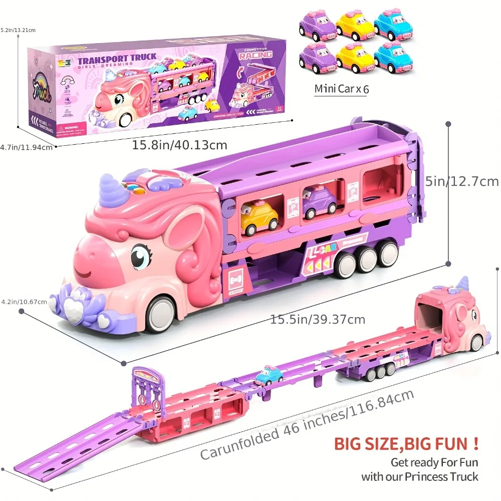 Pink Transport Truck Car Toy w/ Extended Track Mode, Foldable Storage, Lights & Music Effects, Include 6 Mini Cars, for Kids Toy