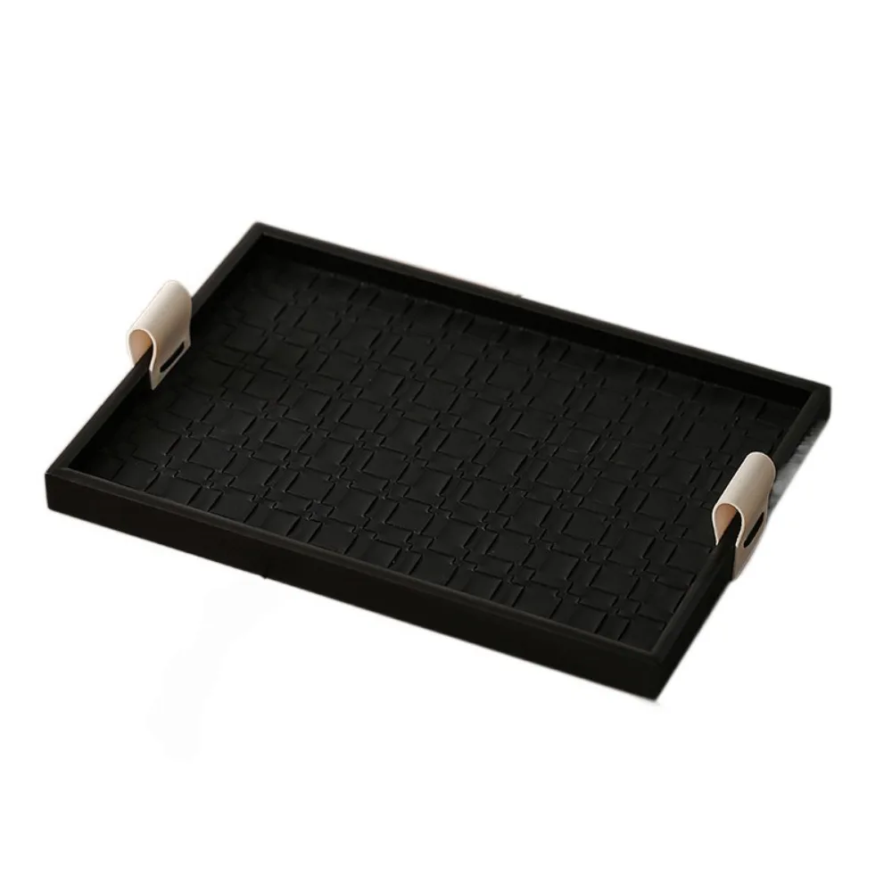 Black/Beige Woven Leather Storage Tray Handmade with Handle Jewelry Display Plate Rectangle Cake Fruit Dessert Tray Living Room