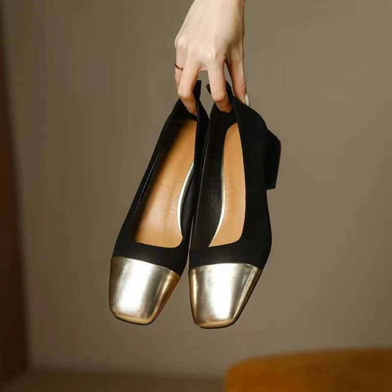 2026 All-Season New Women's French Square Toe Shallow-Cut Low Heel Shoes - Gold Metal Toe, Versatile Commuter Elegant Flats view 5