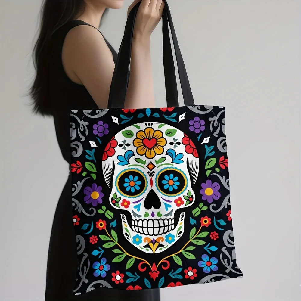 Colorful Flower Sugar Skull Canvas Tote Bag Reusable Shoulder Shopping Bag Mexican Day of Dead Casual Handbag Ladies Gift