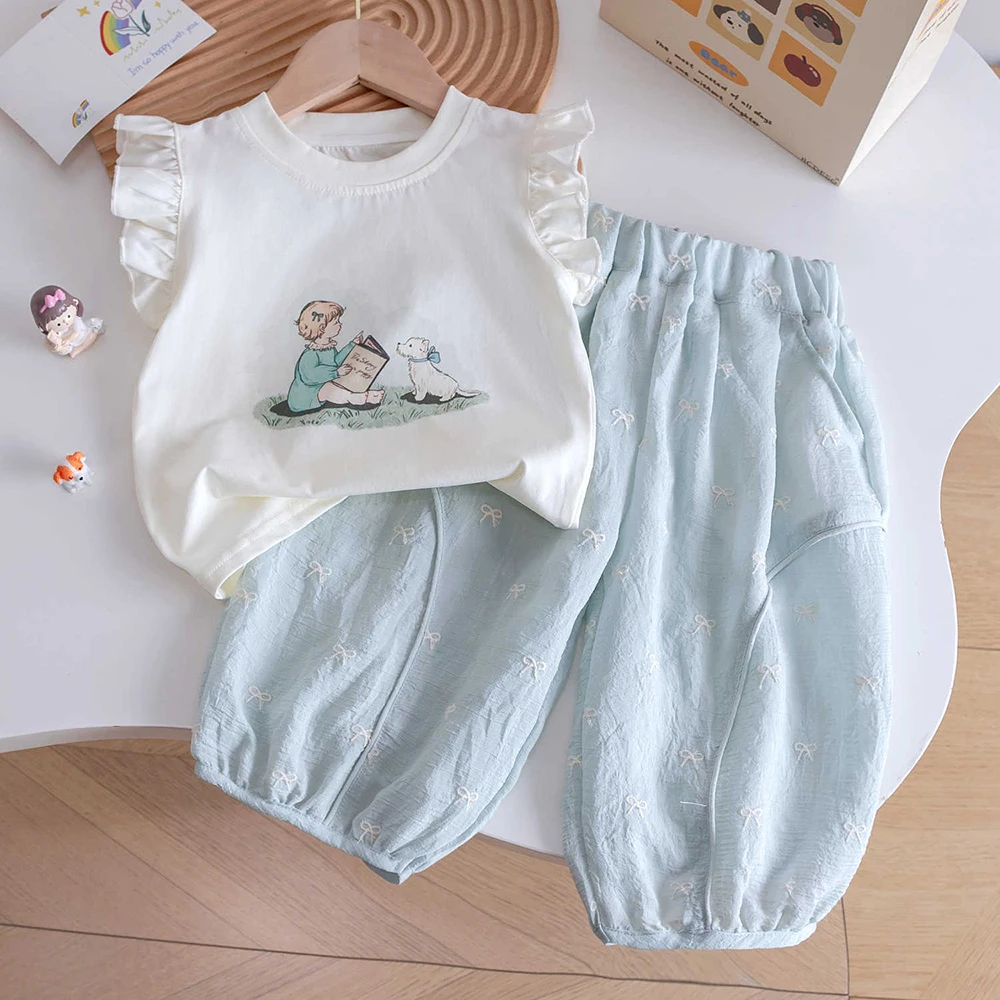 

Girls Summer Fly Sleeve Cartoon Print Vest T-shirts+Bow Pants 2Pcs Korean Style Children Clothes Sets Kids Thin Tank Tops Suit