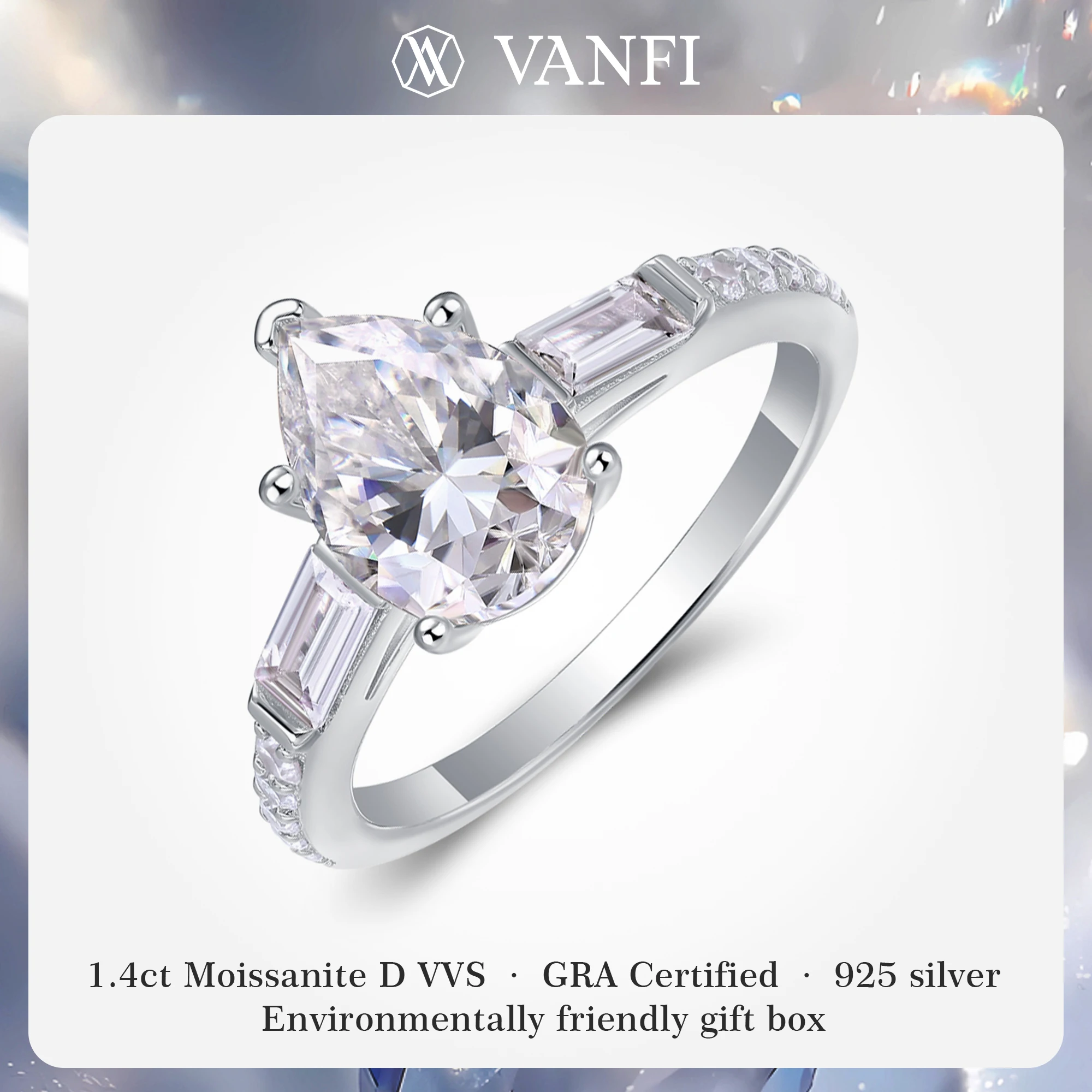 

Kfvanfi 1.4ct GRA Moissanite Teardrop Lab Diamond s925 Sterling Silver Women's Ring Plated 18k White Gold Wedding Party Jewelry