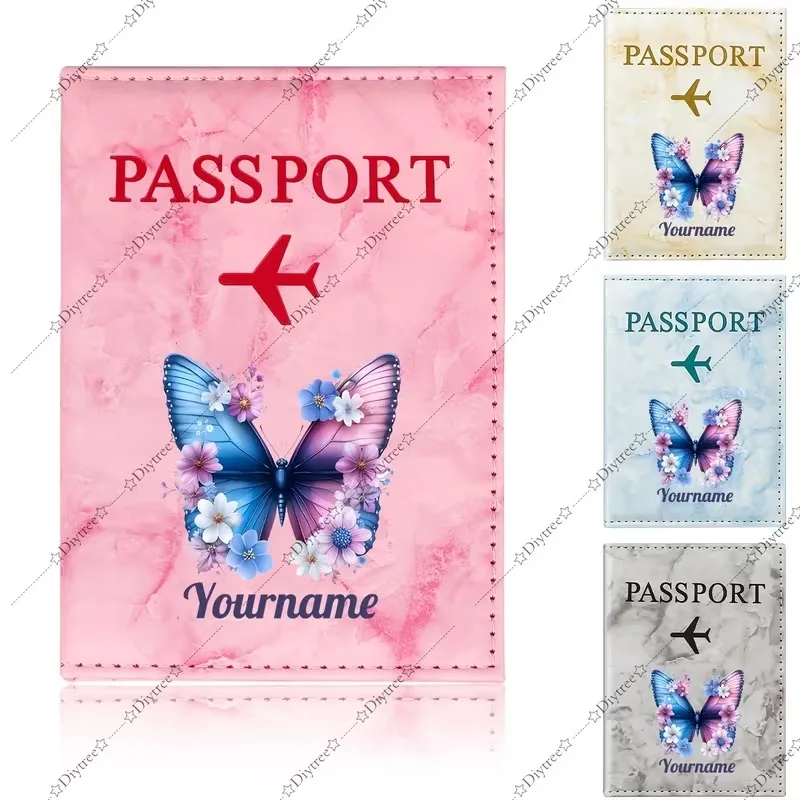 Personalized Custom Name Blue-Purple Gradient Floral Butterfly Illustration Passport Holder. The Design Combines Butterflies