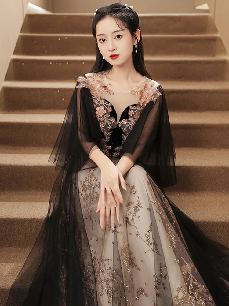 

Ele plus Size Bla Evening Gown with Puffy Tulle Skirt for Concert Performances And Parties Long Luxury Slimming Dr