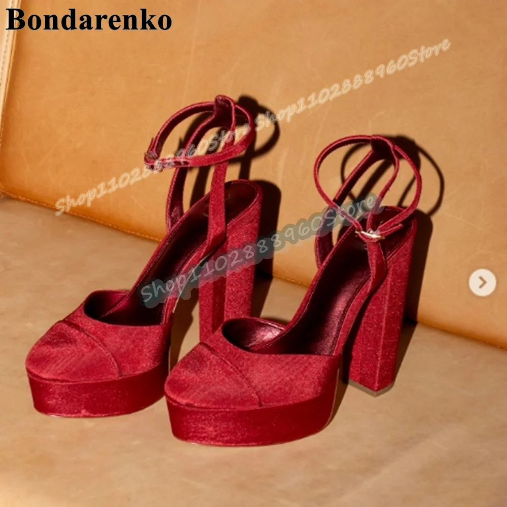 

Sexy Red Shallow Platform Wedding Sandals Chunky High Heel Shoes For Women Ankle Buckle Strap Round Toe Luxury Banquet Sandals