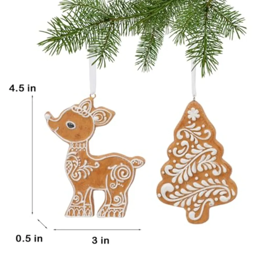Lebkuchendekorationen, Weihnachtsschmuck – 2 Stück, Kunstharz-Lebkuchenbaum und Hirsch, Weihnachtsbaumschmuck für Party im Innenbereich, D