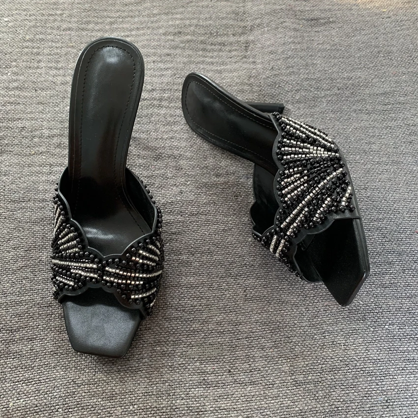Damen Perlenbesetzte Sandalen mit eckiger Zehenpartie und hohem Absatz, offene Stiletto-Absätze, 2026 Party- und Hochzeitsschuhe, Damen-Sommer-Mules – Detail 10