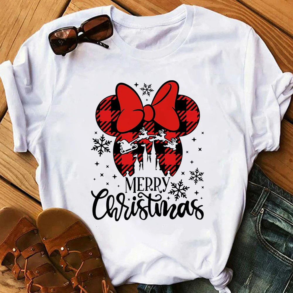 New Christmas Mickey Women T Shirt Disney Happy Year Ropa Aesthetic Mujer Short Sleeve Home Casual Blouses Xmas Female Tees