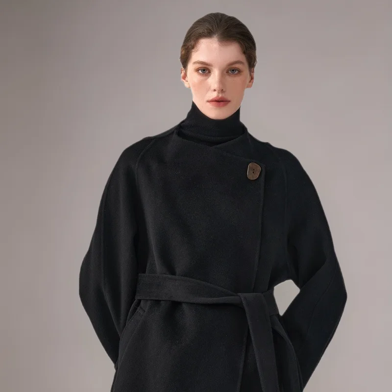 

New Cashmere Coat Women Long Leather Buckle Woolen Coat Autumn Winter