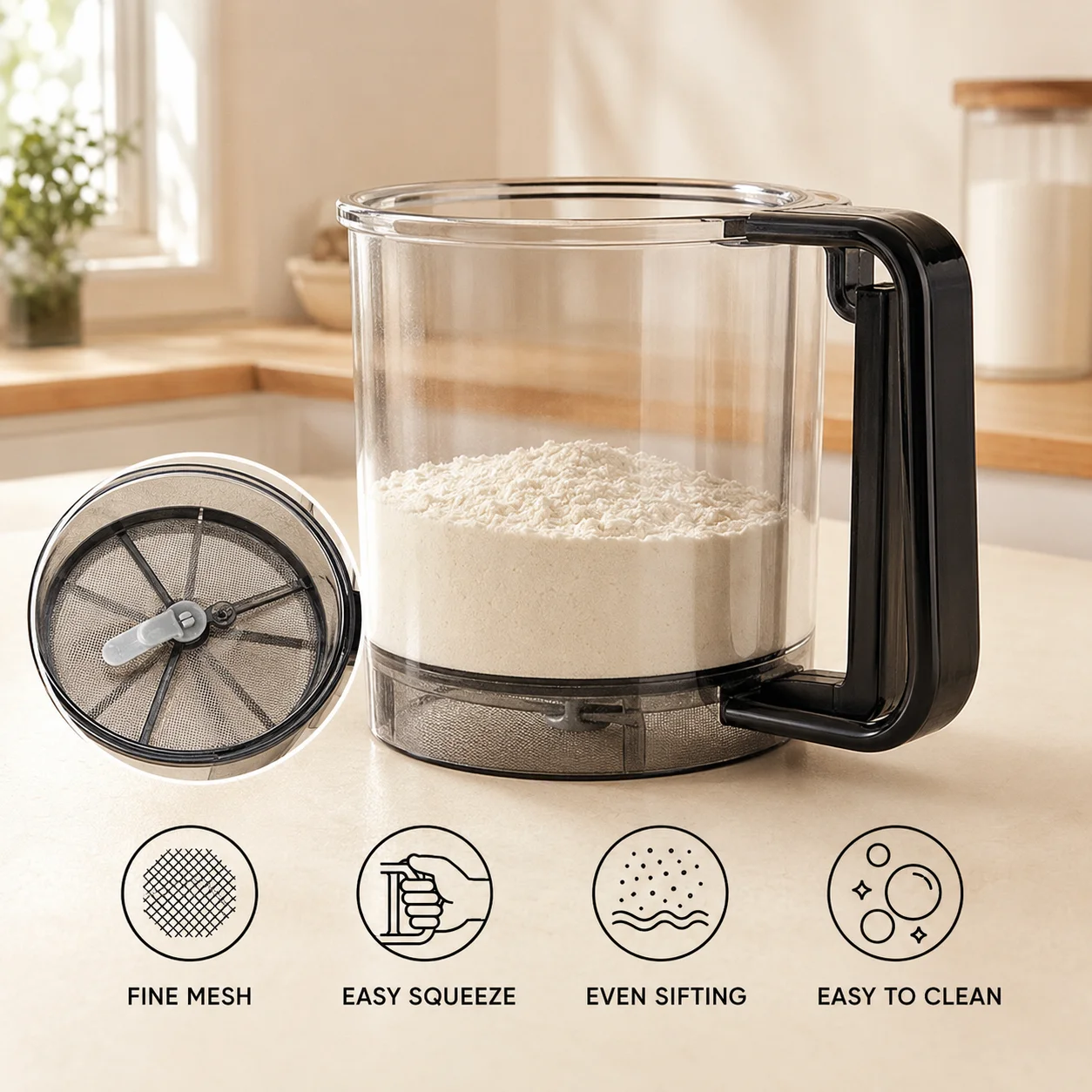 Handheld Semi-Automatic Flour Sifter for Baking Cake Pastry - Durable Stainless Steel Easy Squeeze Trigger Fast Dusting Tool