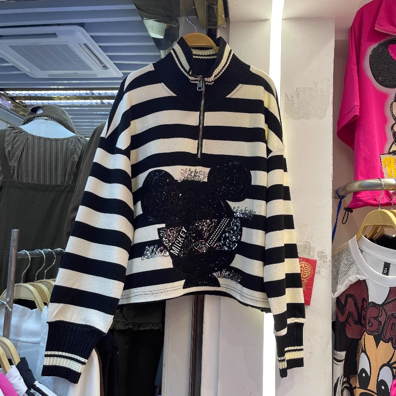 2025 Autumn New Heavy Sequin Print Cartoon Pullover Sweatshirt for Women Loose Fashion Half-Zip Long Sleeve Top Pullover Tops