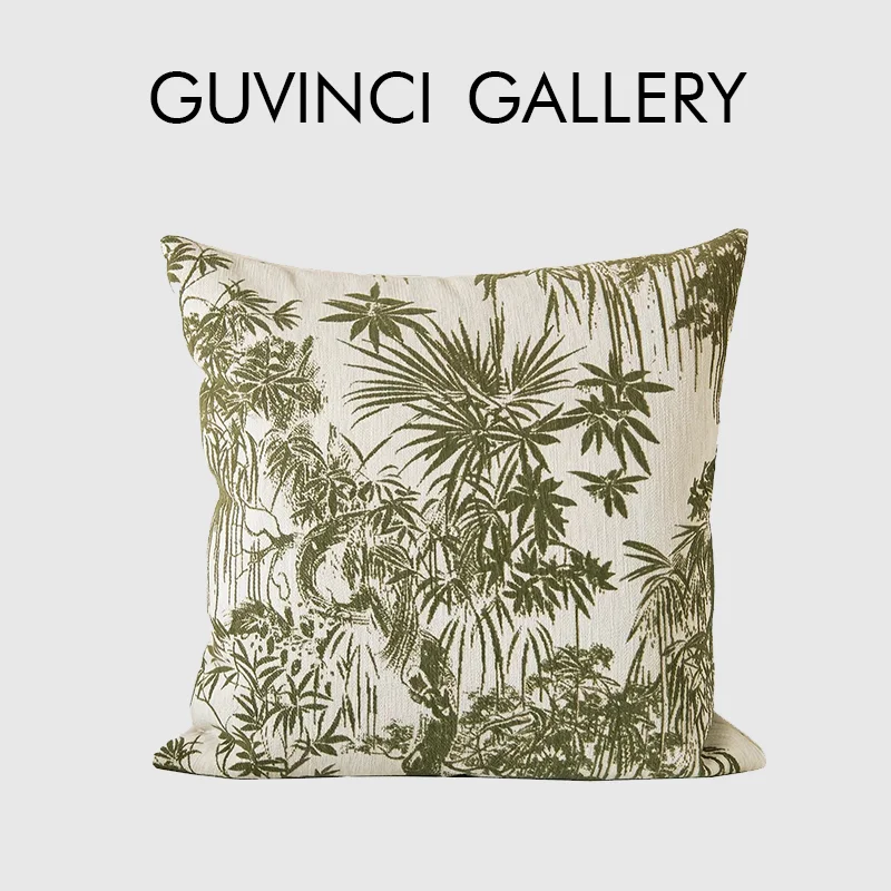 GUVINCI Southern French Style Cushion Cover Toile Olive Green Tropical Jungle Scene Jacquard Throw Pillow Case For Balcony Patio