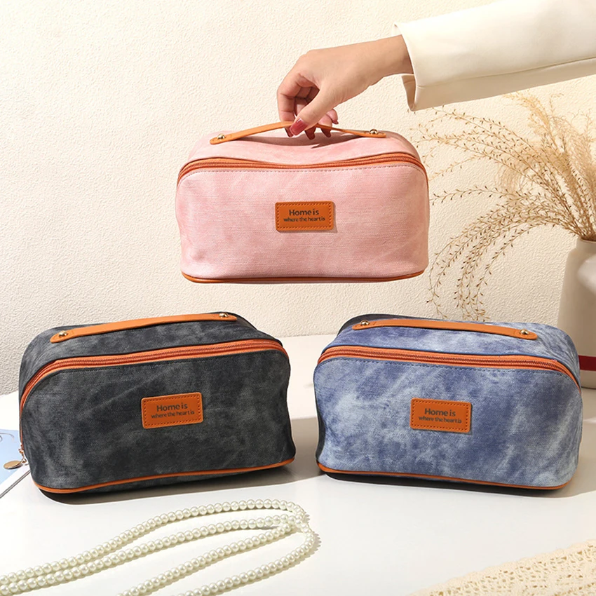 New Denim Texture Cosmetic Bag Large Capacity Travel Toiletry Wash Bag Waterproof Vintage Makeup Organizer Zipper Case