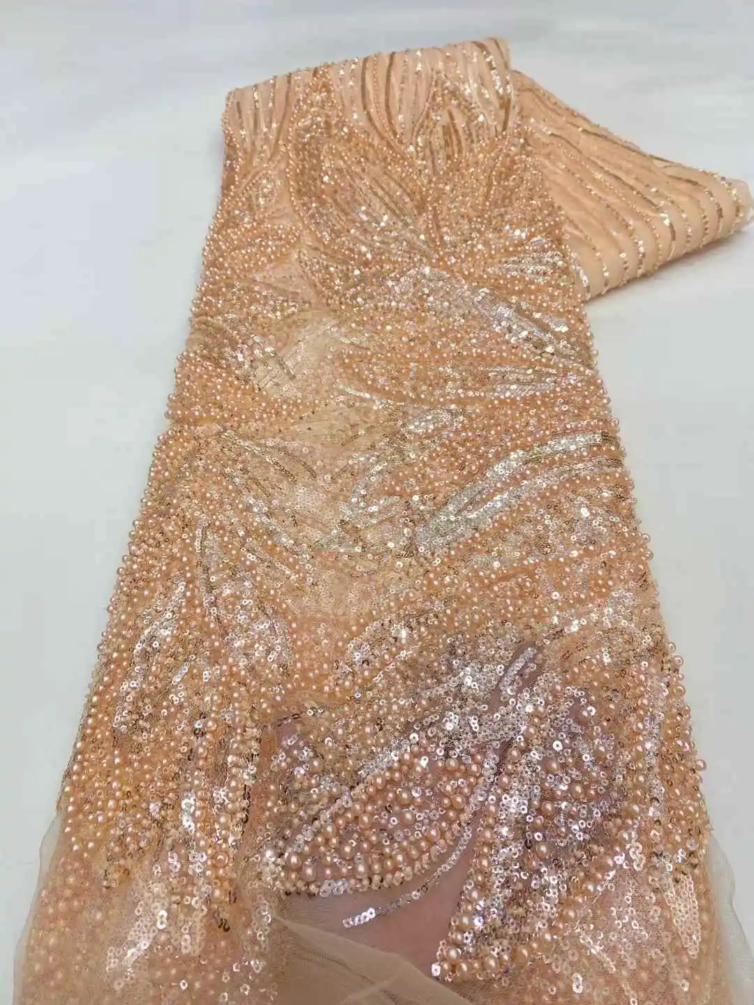 

2025 High Quality Luxury African Heavy Bead White Lace Fabric 5 Yards Nigerian Pearl Embroidered Mesh Material With Sequins Z741