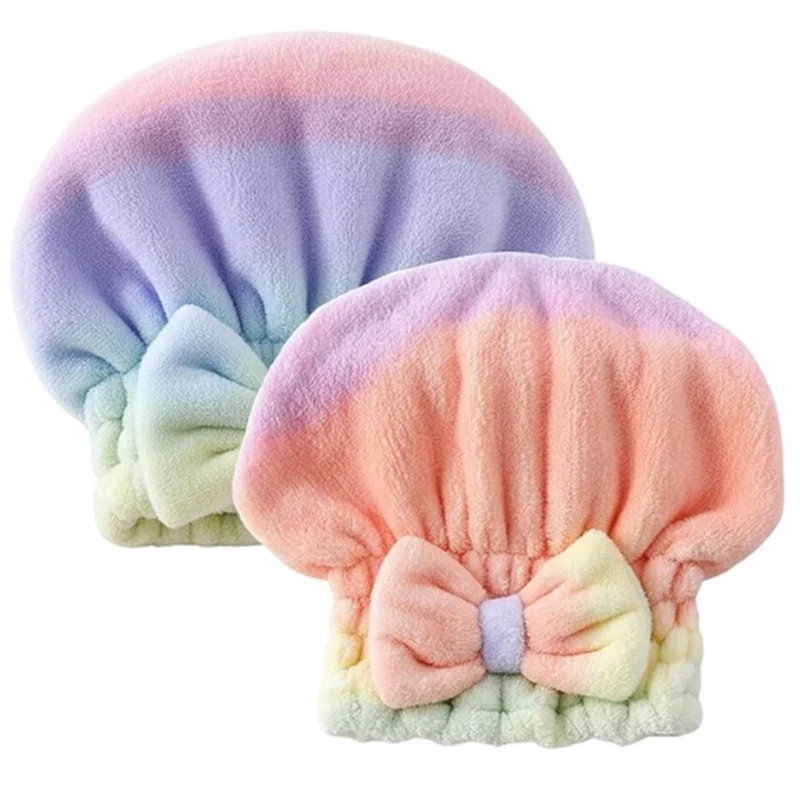 2pcs Hair Drying Towels Wrap with Bowknot Gradients Rainbow Shower Cap Turban 0XXB