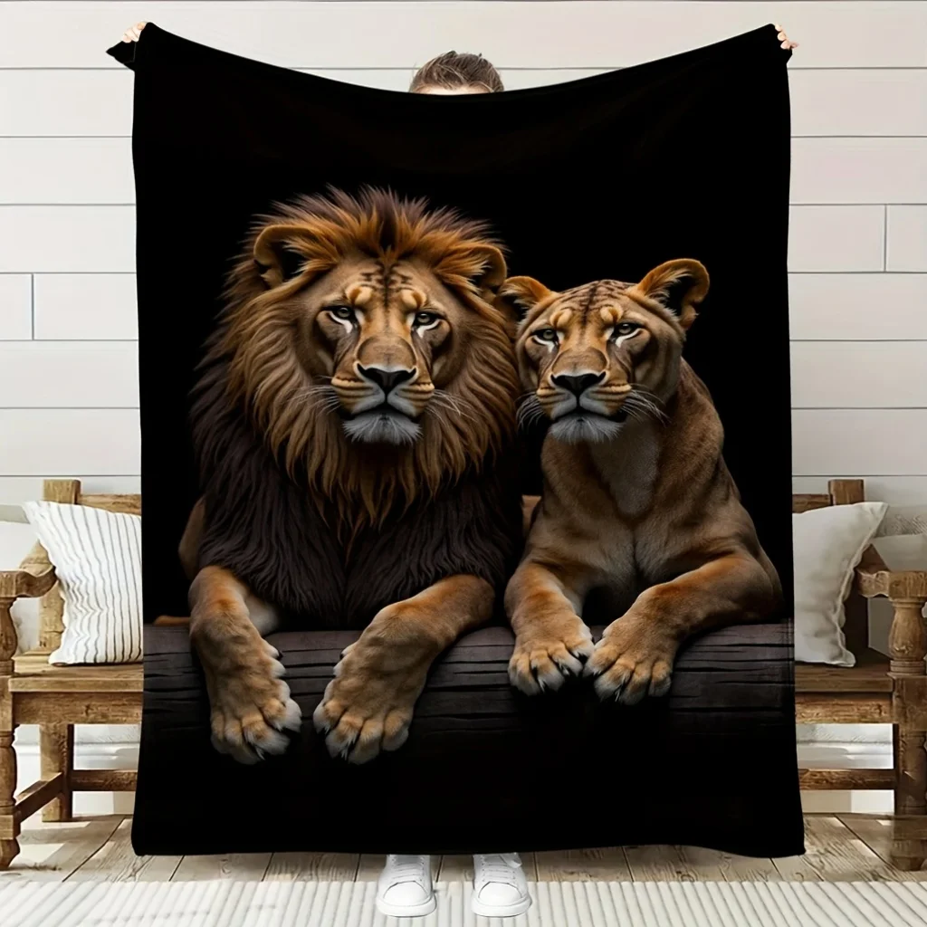 A Cozy Fleece Blanket Featuring a Lion Theme with Soft, High-Definition Digital Printing on a Black Background, Showcasing a Wil