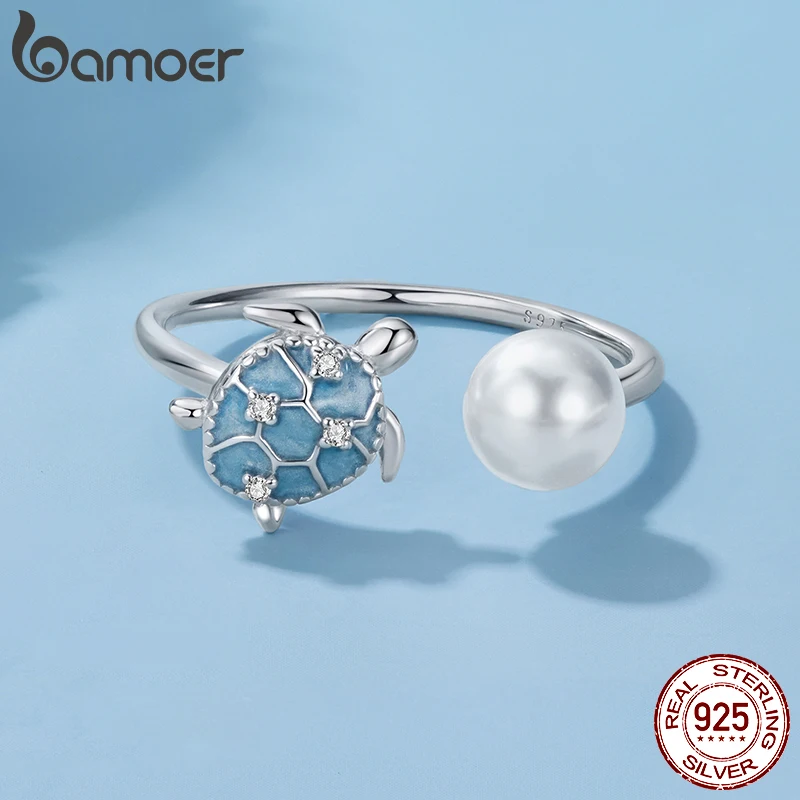 BAMOER Solid 925 Sterling Silver Turtle Pearl Ring Stacking Finger Ring, Cute Animals Adjustable Open Rings Birthday Gift