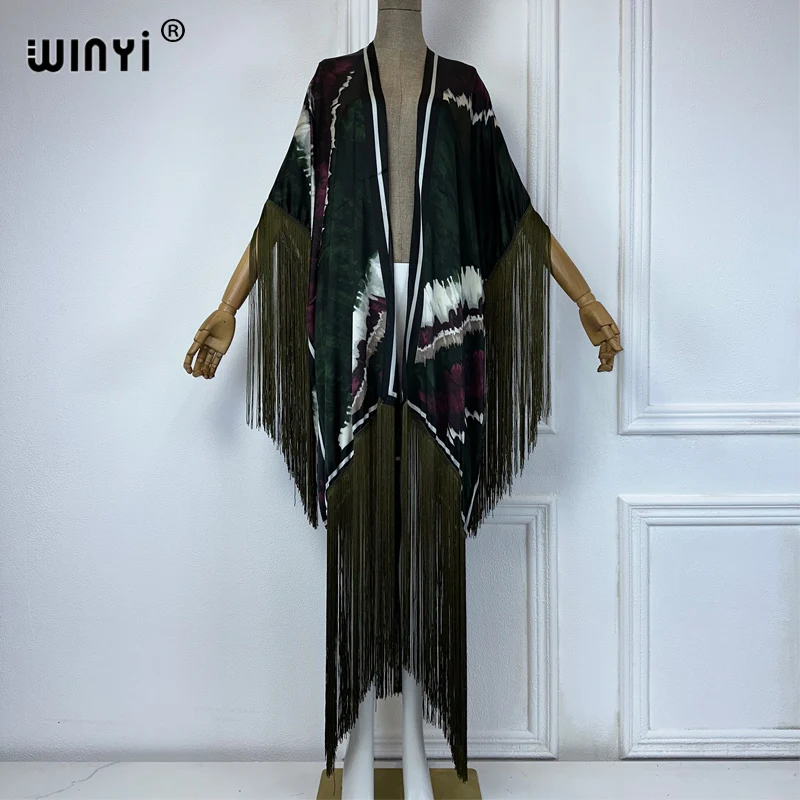 WINYI-kimono playero para mujer, Vestido largo de manga larga, cárdigan sexy con borlas, poncho para vacaciones, verano, 2024