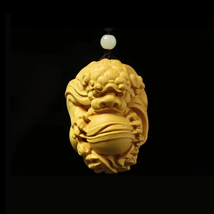 Boxwood 4-7cm Pixiu Lion Ball Sculpture Wood God Animal Statue Chinese Auspicious Beast Home Decor