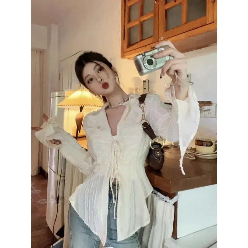 

Ruffled Lace Up Blouse Women Long Sleeve New Turn Down Collar Shirts Feminina Ladies Cropped Tops Y2k Korean Fashion Chic Tunics