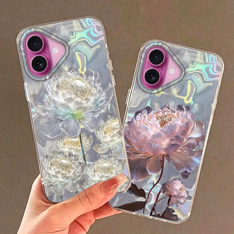 Goldene Lotusblumenmuster-Handyhülle für iPhone 16 16e 15 14 13 Pro Max Plus 7 8 SE 2022, stoßfeste Abdeckung, rosa Pfingstrose, Fundas