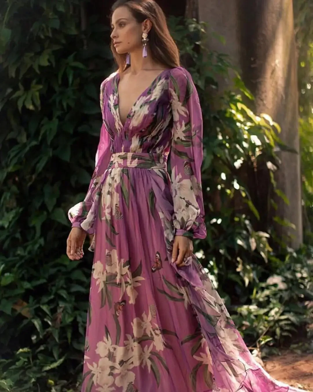 2023 Purple Print Print Bikini Cover-ups Sexy Cross Open Back Long Sleeve Summer Dress Women Beach Wear Swim Suit Cover Up
