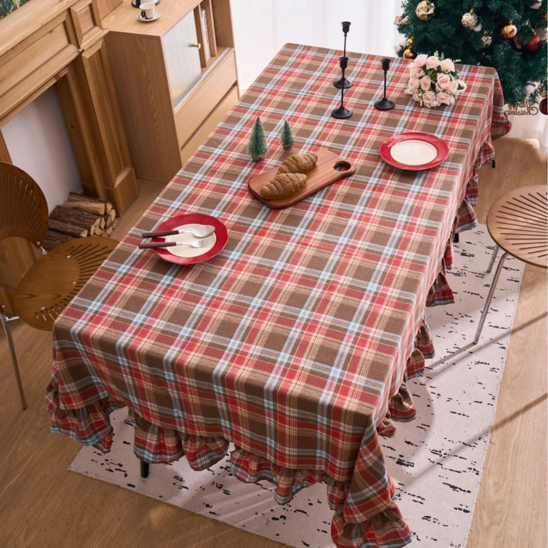 Christmas Ruffled Plaid Tablecloth Rectangle Washable Couch Covers Fabric for Wedding Kitchen Dining Party Xmas Home Decorations