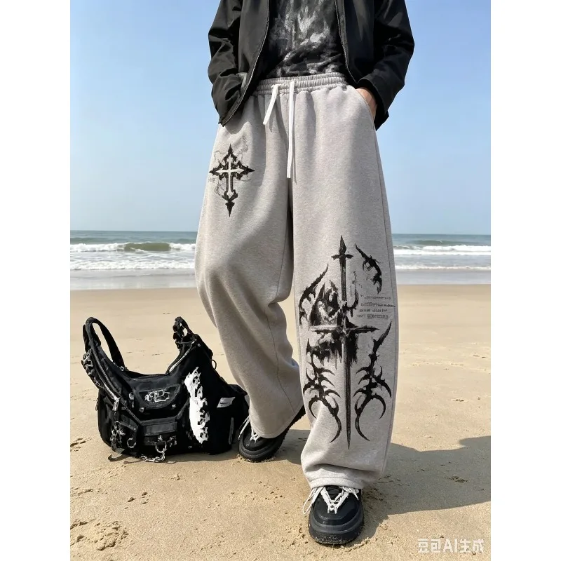 2026 New Model Men Kid Gothic Vertical Graphic Wide Leg Sweatpants Drawstring Loose Straight Baggy Y2K Punk Streetwear Pants.