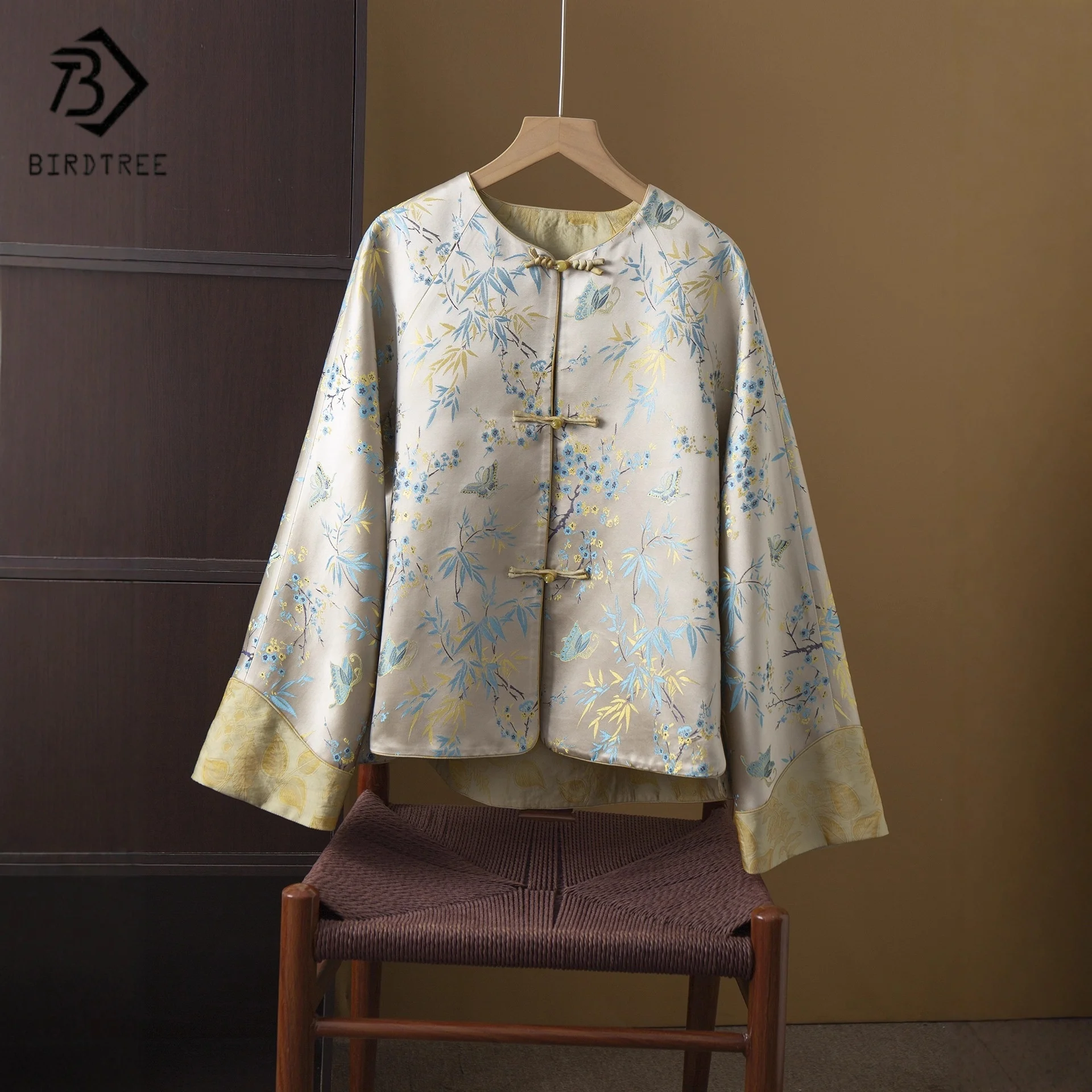 

BirdTree,50% Mulberry Silk Song Brocade Coat,Women Jacquard Chinese Style Jacket,O-neck Tops,2025 Spring Autumn New T5D620JF