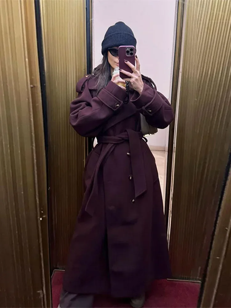 Women Double Breasted Irregular Lapel Woolen Trench Coat Fashion Wine Long Sleeves Long Overcoat Lady Commute Office Outerwear