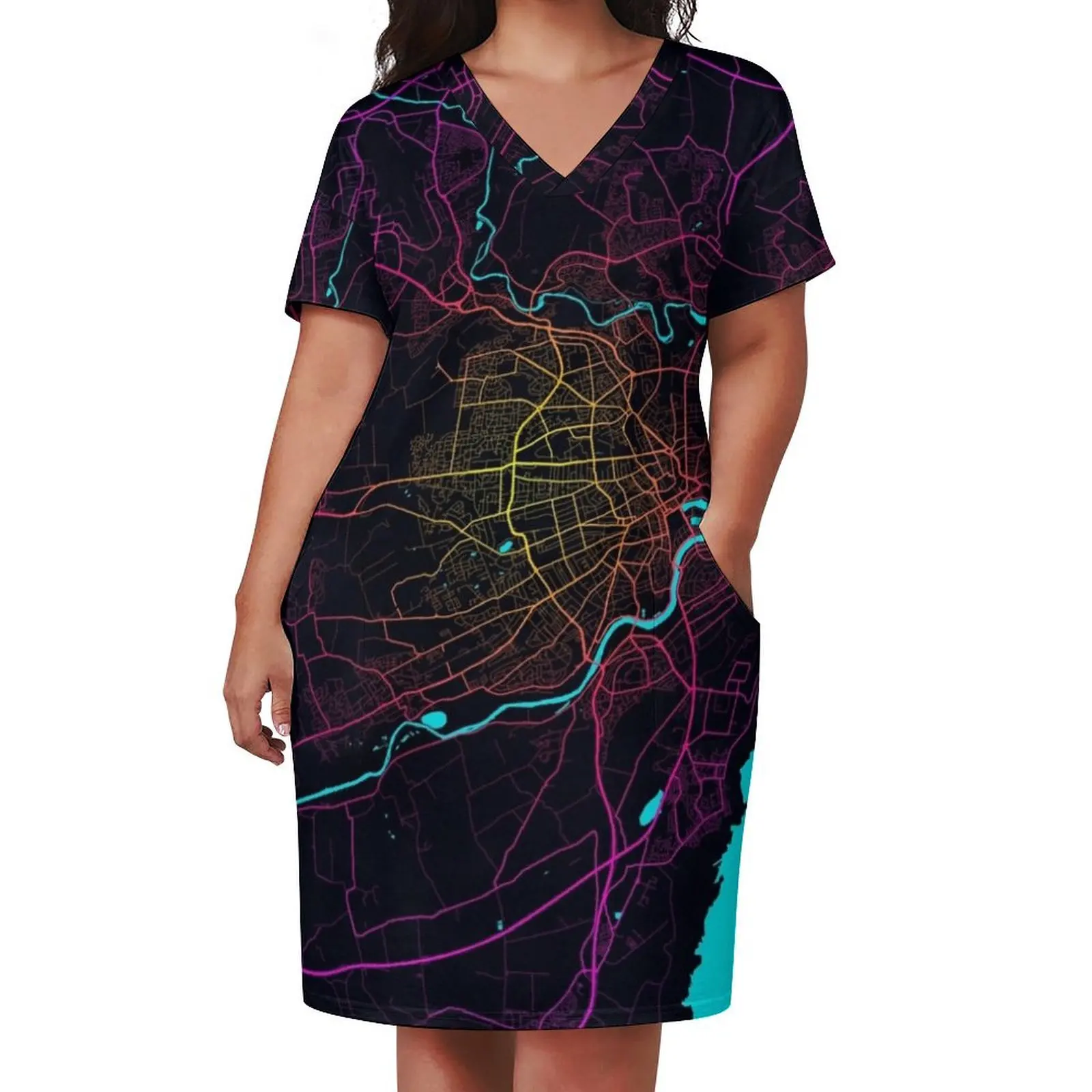 Aberdeen City Map of Scotland - Neon Loose Pocket Dress sensual sexy dress for women dresses summer dresses for womens