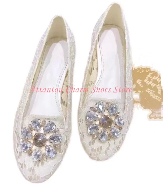 New Round Toe Crystal Flower Decor Lady Flat Shoes Fashion Lace Rhinestone Slip-on Casual Shoes Woman Dress Office Shoes view 6