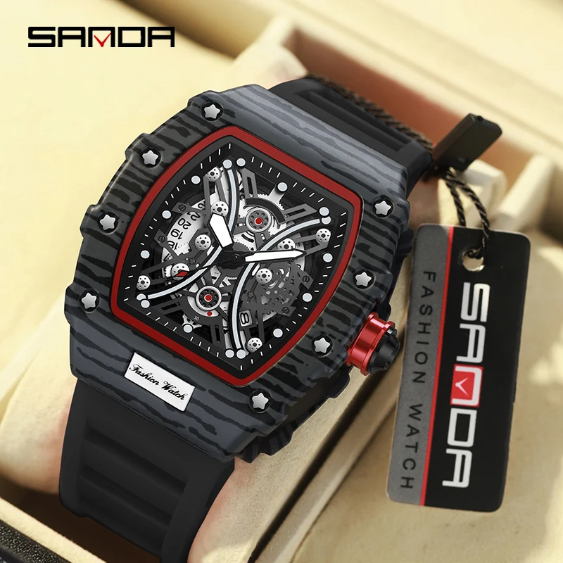 SANDA Watch for Men Luxury Tonneau Quartz Watch Man Sport Waterproof Red Clock Fashion Luminous Pointer Wristwatch Reloj hombre