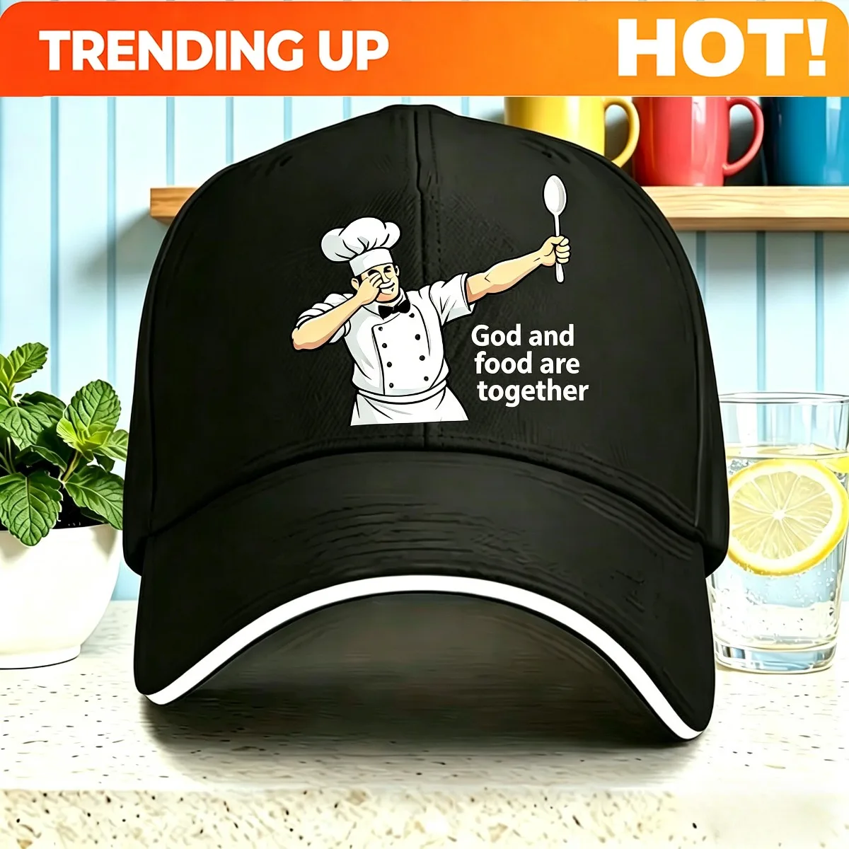 Custom One Chef Cooking Baseball Cap With Chef And Spoon Design. Adjustable Black Cap With Chef Print, Suitable For Men's Outdoo