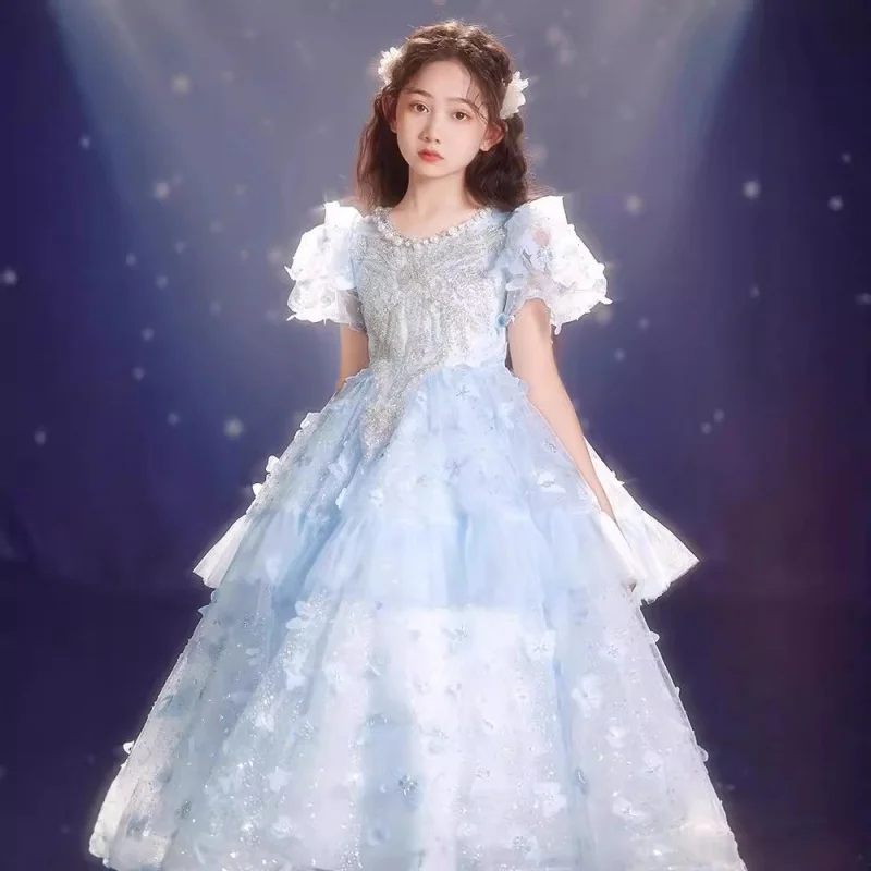 Girls' High-End Formal Dress for Singing, Piano Performance, Host, Singing Competition, Elegant Performance Costume, Children's