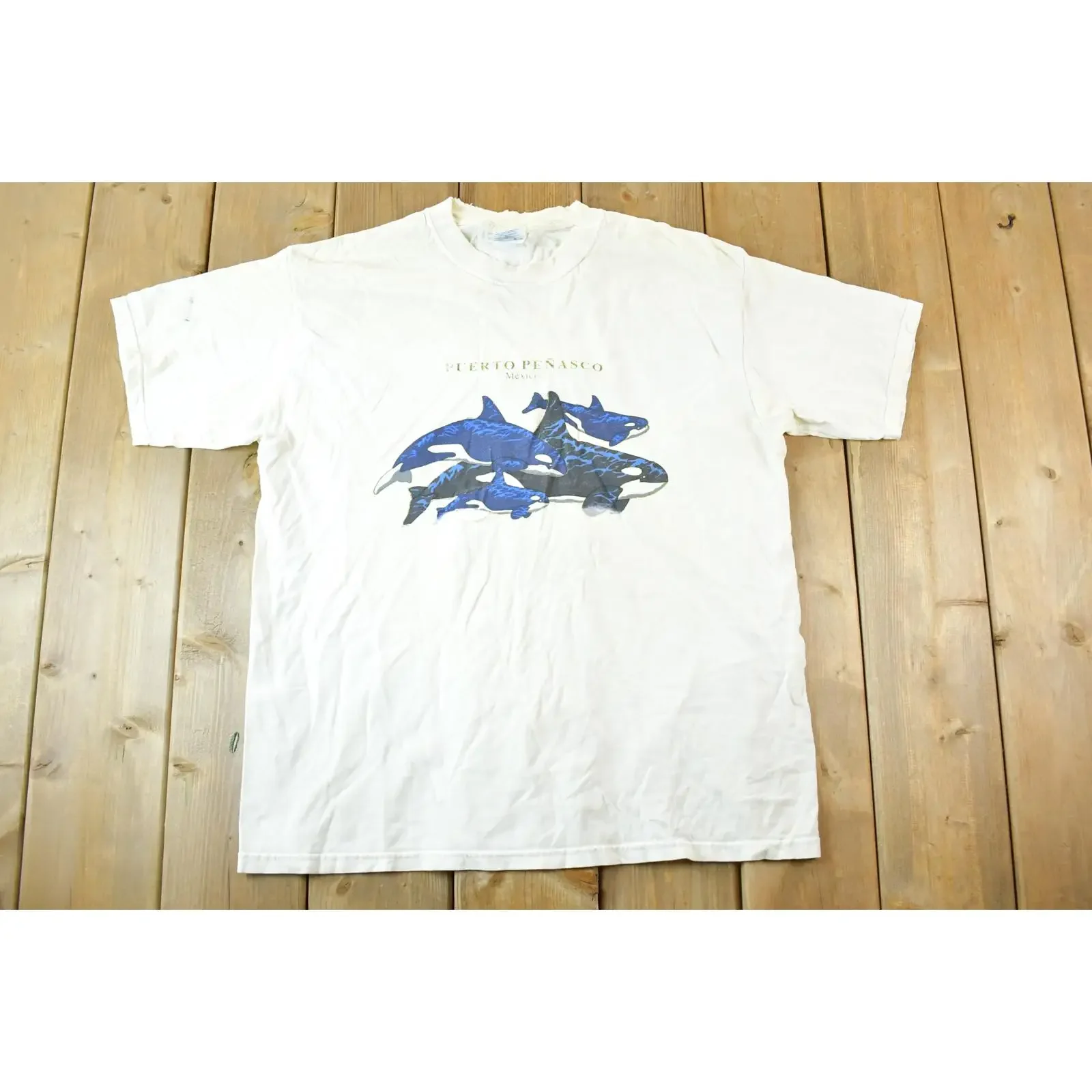 Vintage 1990s Puerto Penasco Orca Killer Whale Pod Souvenir T Shirt Mens L Rare Summer Vacation Destination  vintage Washed