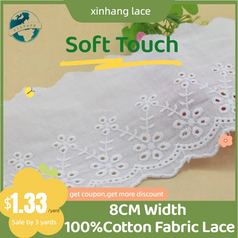 

3yards 8cm width Cotton embroidery lace sewing ribbon guipure trims dolls lace Badges DIY Accessories wedding Dress lace#3584
