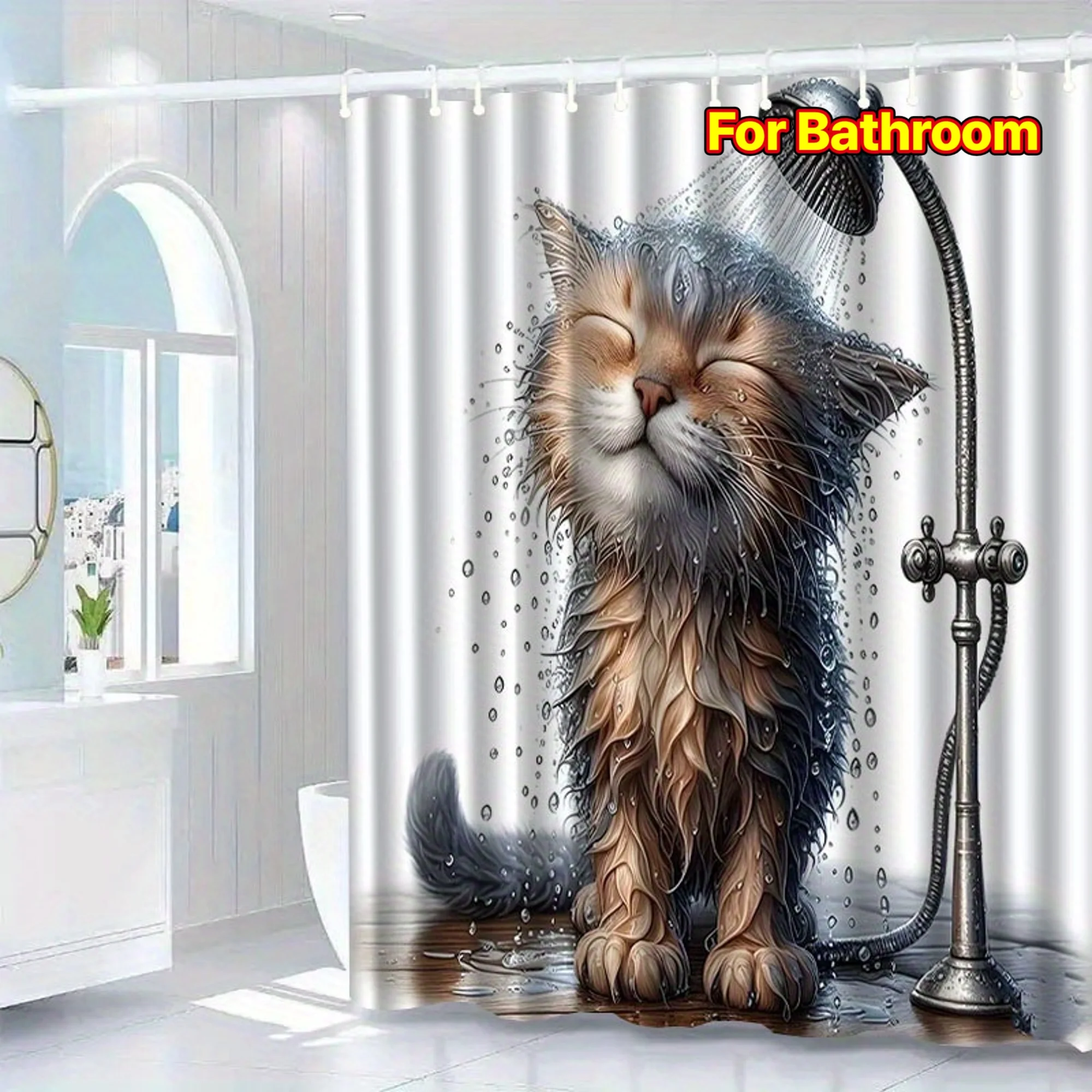 Cute Cat Taking Shower Shower Curtain Humor Animal Art Bathroom Decor Unique Pet Print Waterproof Bath Curtain