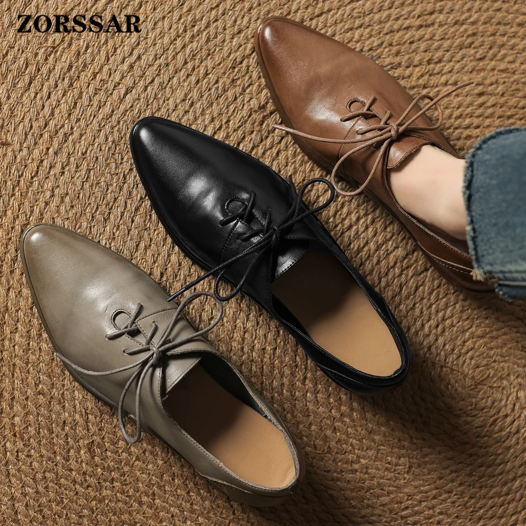 Plus Size 34-41 Women's Cow Leather Pointed Toe Lace-up Flats Sneakers High Quality Soft Comfortable Casual Female Daily Shoes