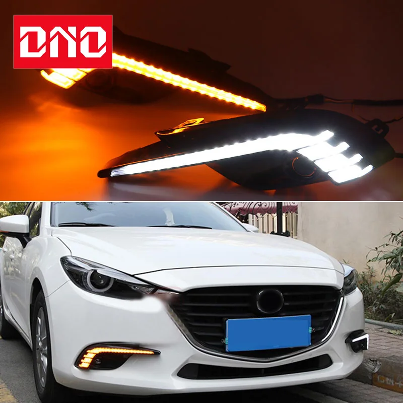 

Car LED 12V Daytime Running Lights For Mazda 3 Mazda3 2017 2018 Yellow Turn Signal Night Blue Running Lamps Car Headlamps