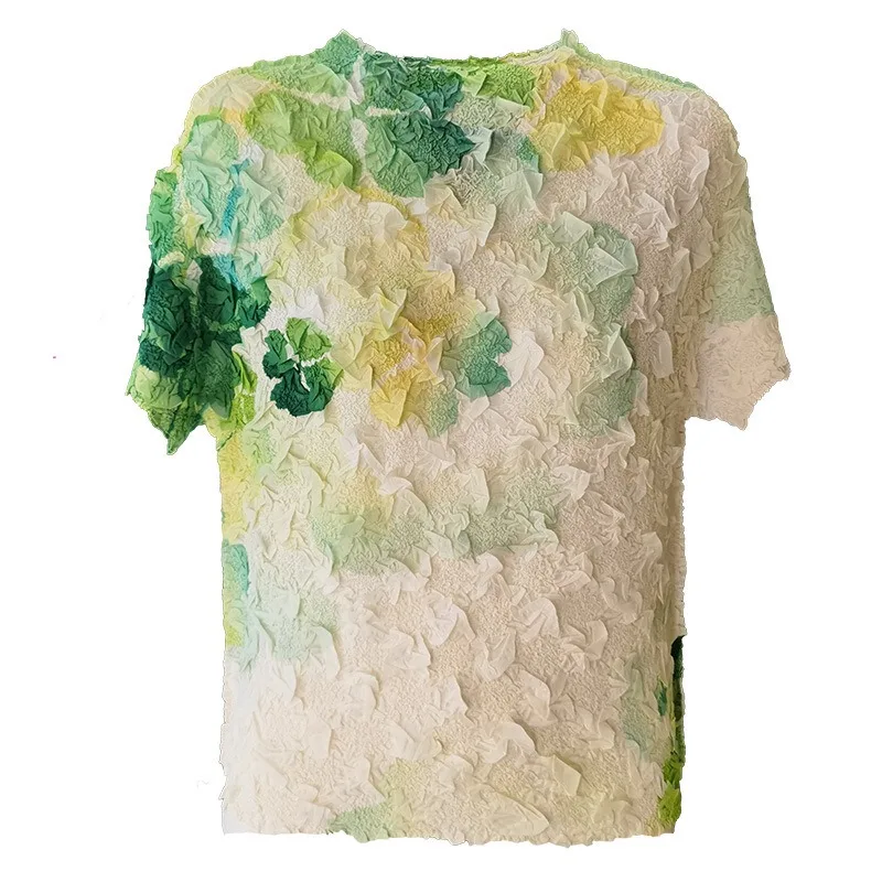 Miyake plissé printemps et été nouveau 2025 dégradé imprimé col mi-haut T-shirt à manches courtes polyvalent plissé doux hauts