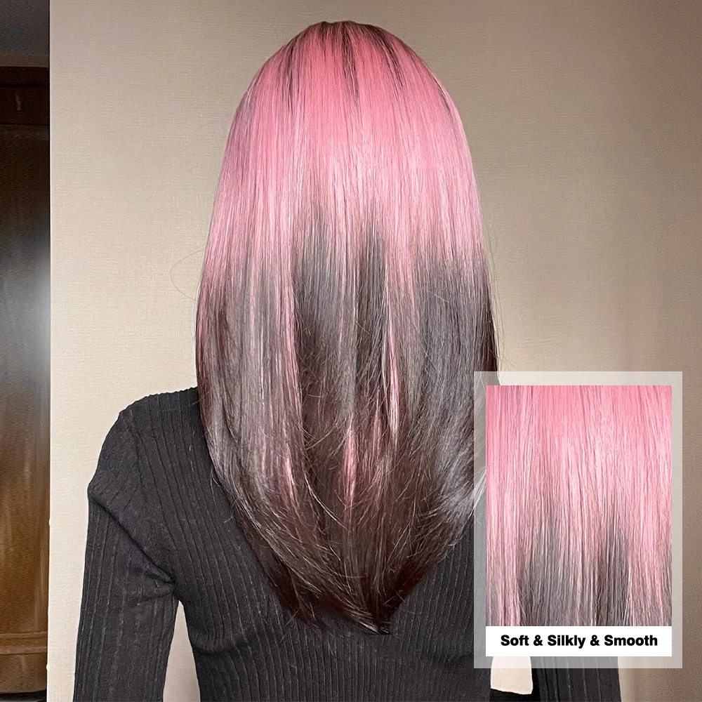 Long Straight Layered Wigs with Bangs Ombre Black to Pink Purple Synthetic Wig Cosplay Lolita Wig for Women Heat Resistant Fiber
