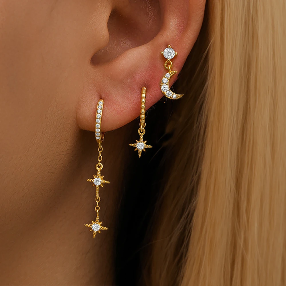 3 szt. Zestaw nowa gwiazda księżyc chrząstka kolczyki do piercingu cyrkonia wisiorek ze stali nierdzewnej łańcuszek Hoop kolczyk Piercing biżuteria