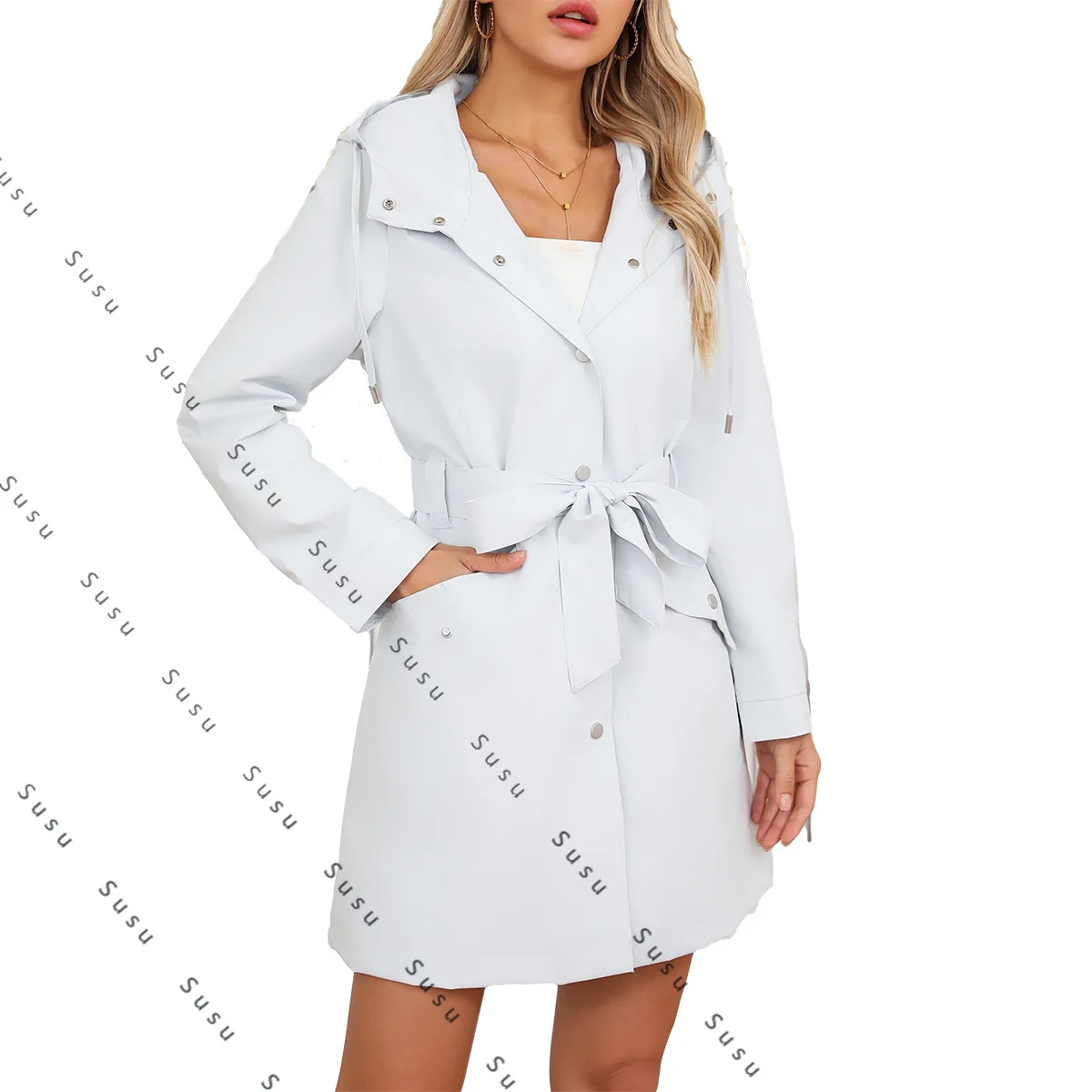 

2025 new spring and autumn hooded anti-splashing jacket with belt thin casual loose trench coat women MPJ11P