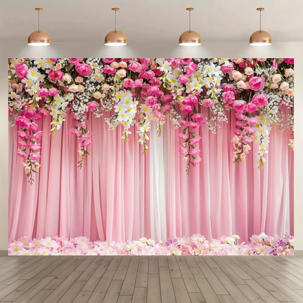 1pc Flower photography background, Wedding - birthday pink flower background banner, flower photography background Dessert table