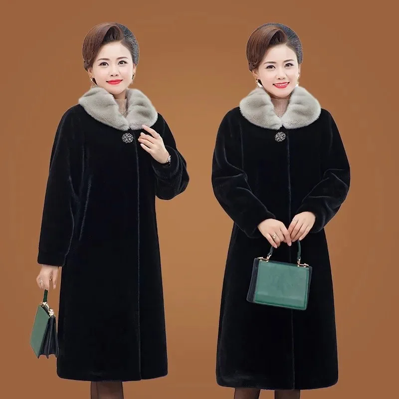 Mink Ffur Coat for Female Mothers Mink Medium Long Style Over the Knee 2024 Winter New Thick fur Coat Solid Color Commuting Coat